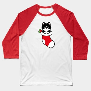 Cute Tuxedo Cat Inside a Christmas Stocking Baseball T-Shirt